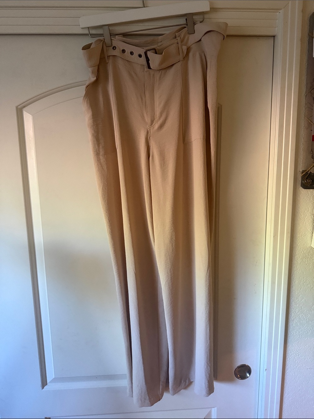 Wide-Leg High-Rise Trousers with Tonal Belt — Cream
